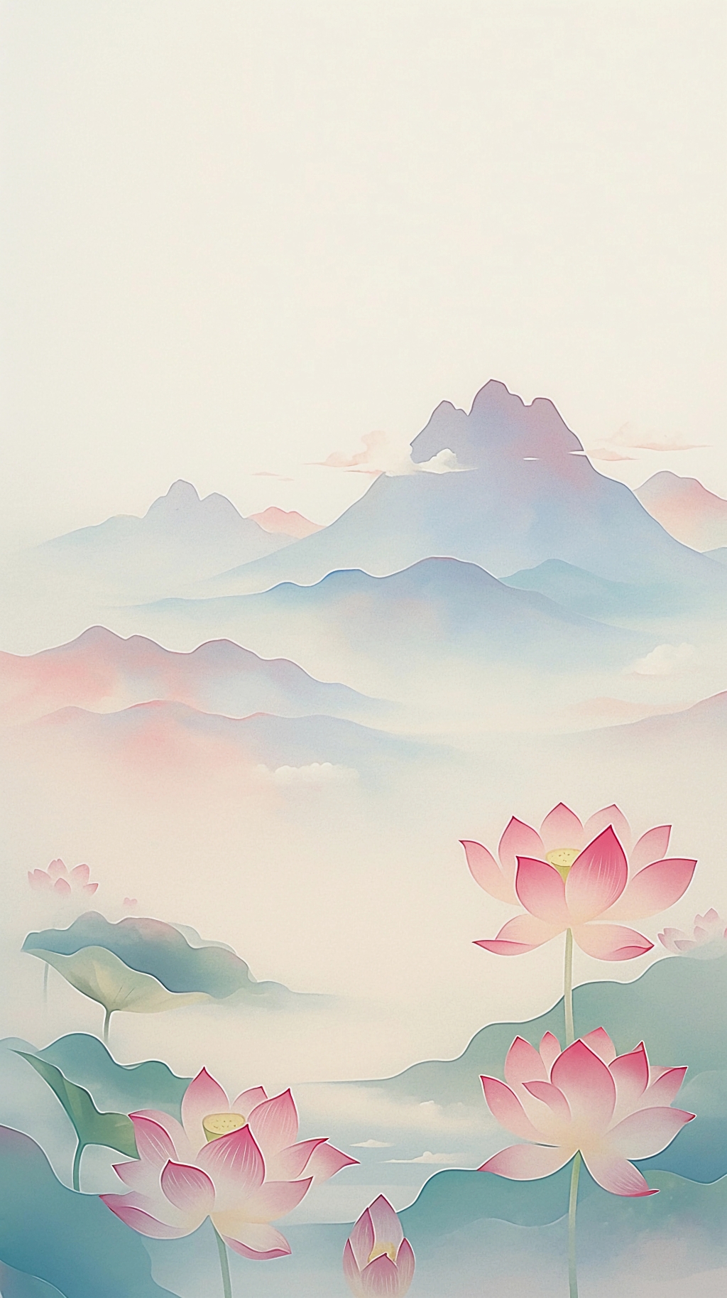 荷花荷叶夏荷粉色荷花在淡彩山水间营造柔和氛围的画面AI