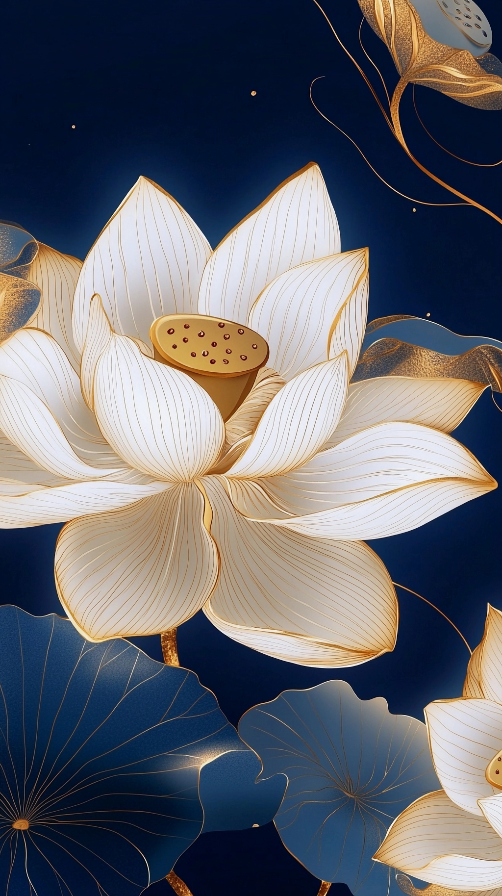 荷花荷叶夏荷白金色荷花搭配深蓝色背景展现高贵质感的画面AI
