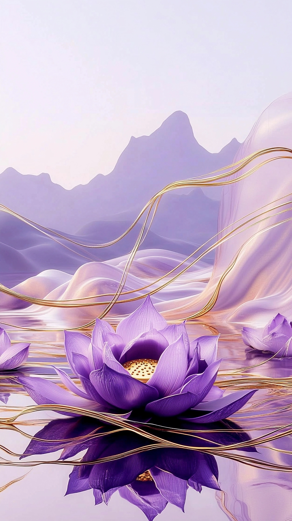 荷花荷叶夏荷紫色荷花搭配金色线条与山水背景营造奢华意境的画面AI