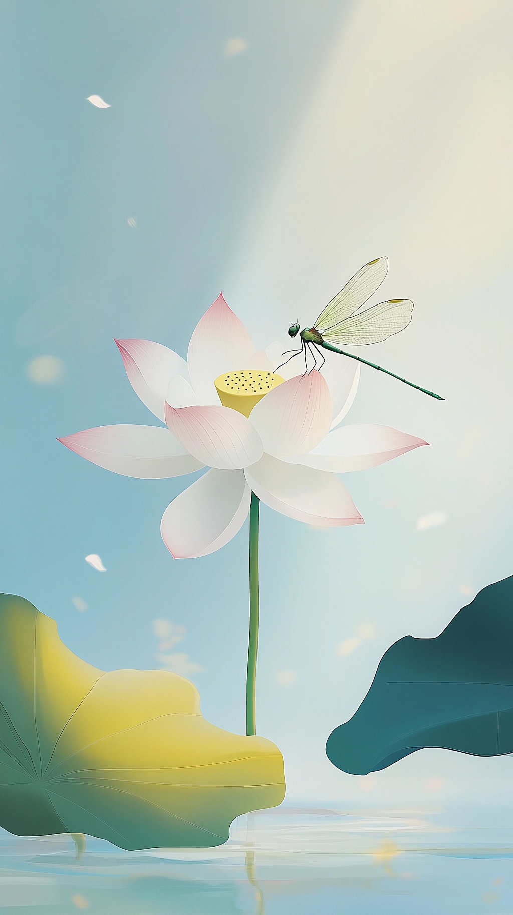 荷花荷叶夏荷粉色荷花上停留蜻蜓展现灵动清新的夏日画面AI