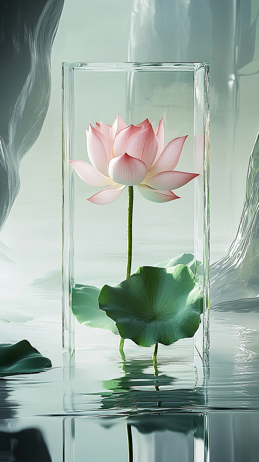 荷花荷叶夏荷粉色荷花置于透明框架内呈现独特艺术感的画面AI