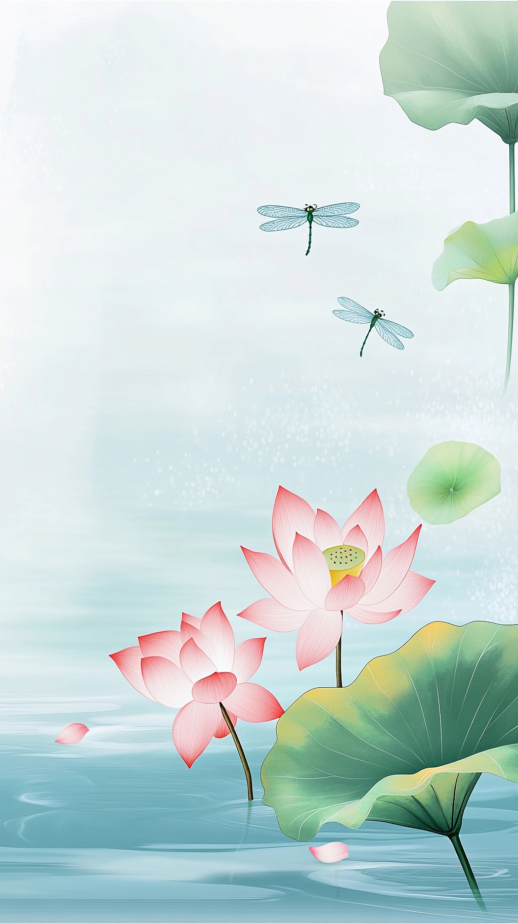 荷花荷叶夏荷粉色荷花荷叶与蜻蜓在水面营造夏日清新意境的画面AI