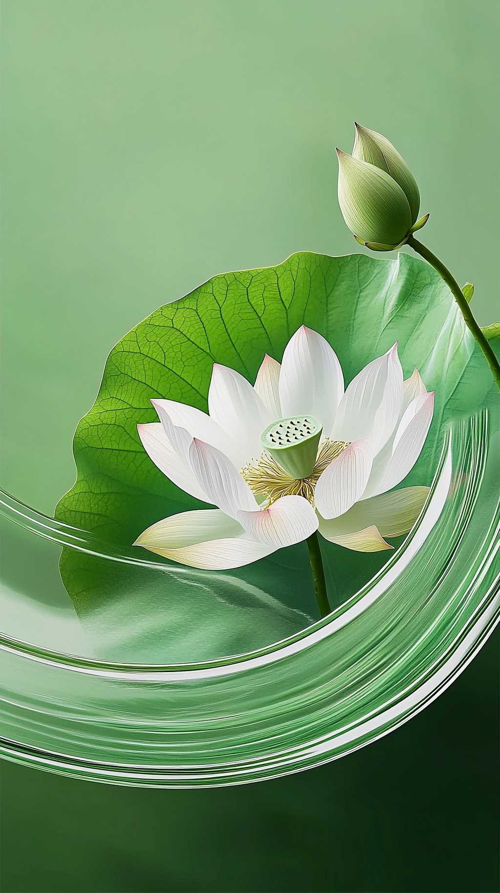 荷花荷叶夏荷白色荷花与荷叶在绿色流动线条中呈现清新自然的画面AI