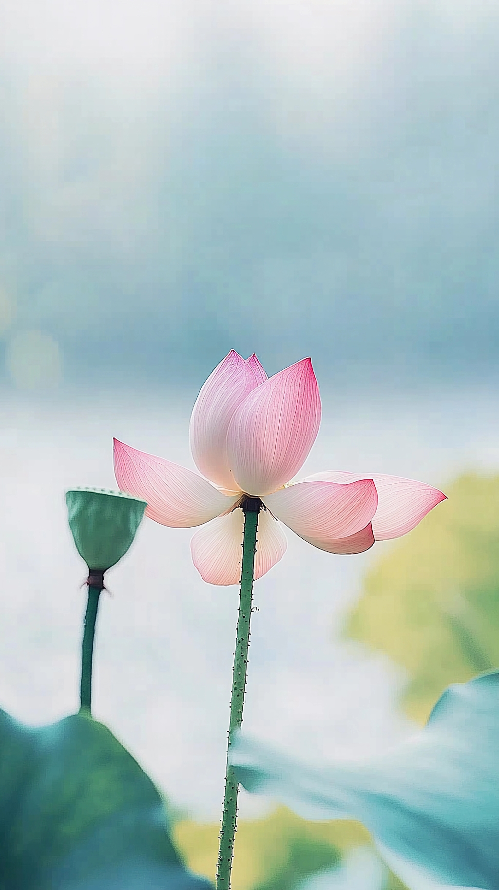 荷花荷叶夏荷粉色荷花与莲蓬在朦胧背景中营造柔和氛围的画面AI