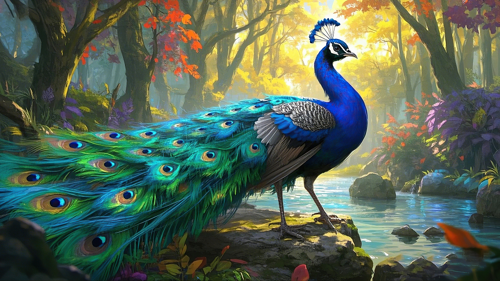 孔雀站立在溪边秋季森林中展示绚丽羽毛AI