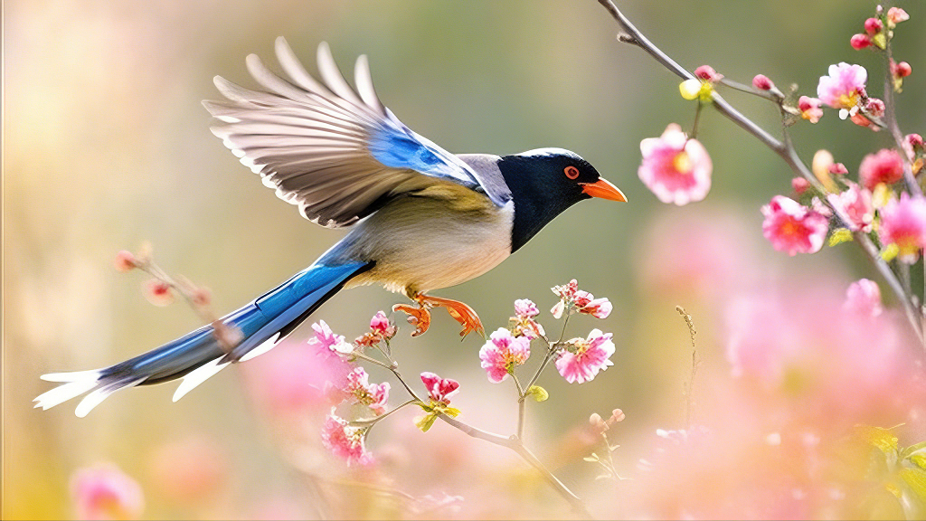 色彩艳丽小鸟在粉色花枝间展翅欲飞AI