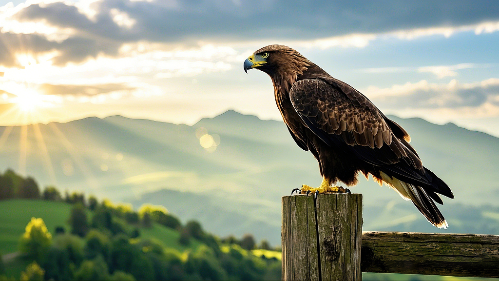 威武雄鹰在阳光照耀山峦背景下傲然挺立AI