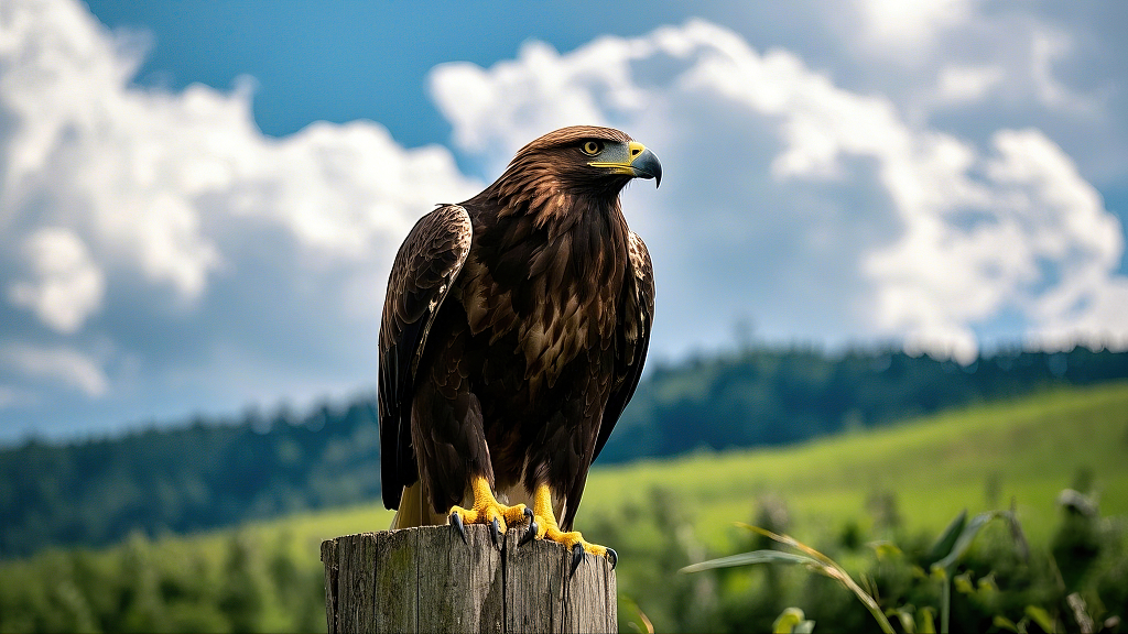 威武雄鹰在蓝天白云与绿色原野间的英姿AI