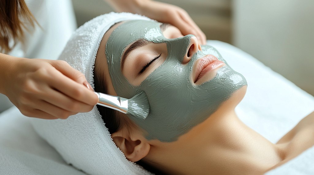 专业美容师涂抹灰泥面膜进行面部护理AI