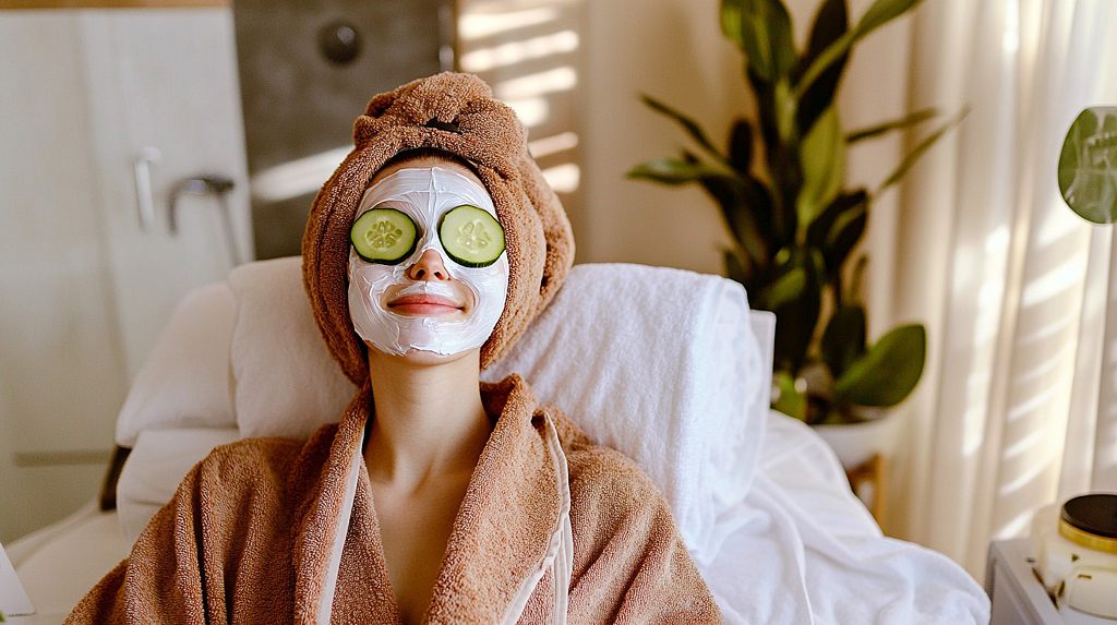 惬意环境中敷白色面膜配黄瓜片护眼AI