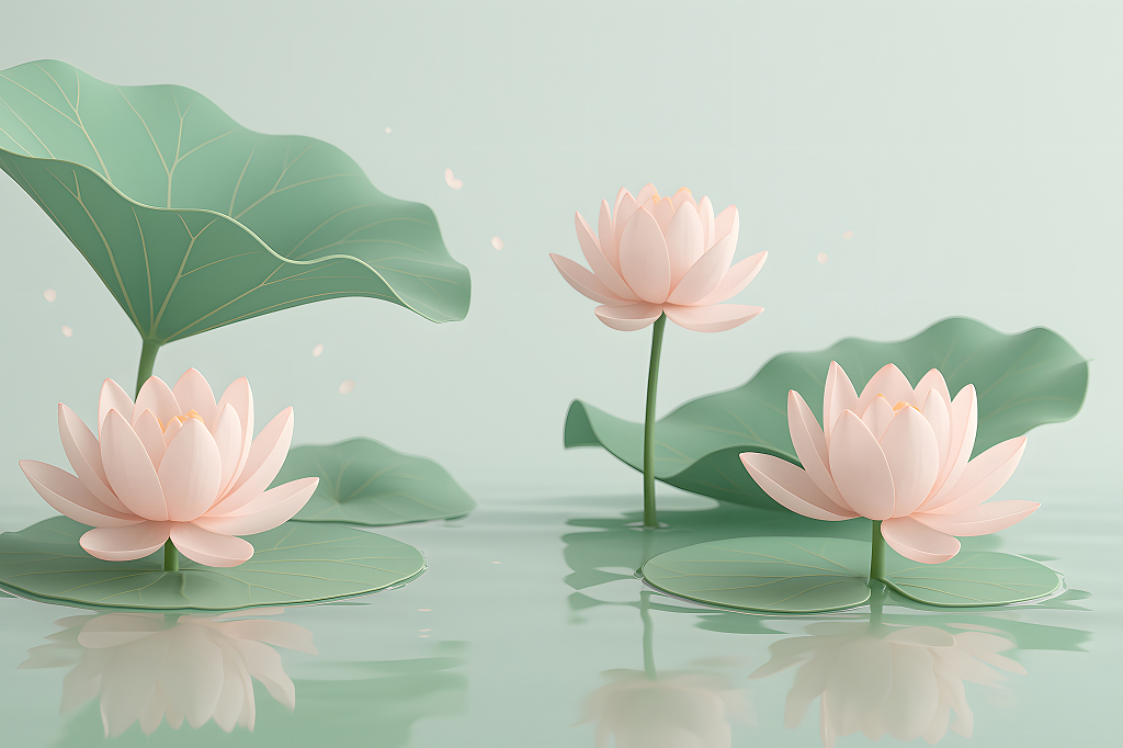 荷花荷叶夏荷荷花盛开水面倒影插画图AI