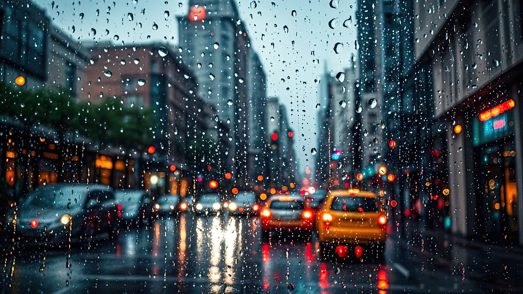 雨天城市街道透过车窗看到的车水马龙画面	AI