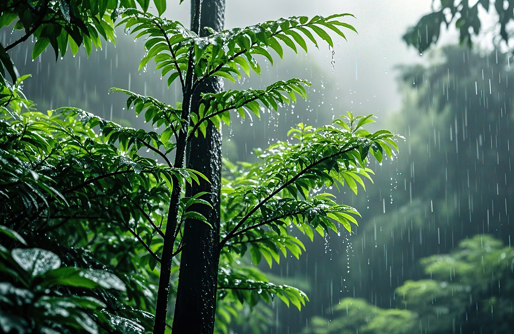 雨中树枝绿叶与细密雨滴的清新画面AI