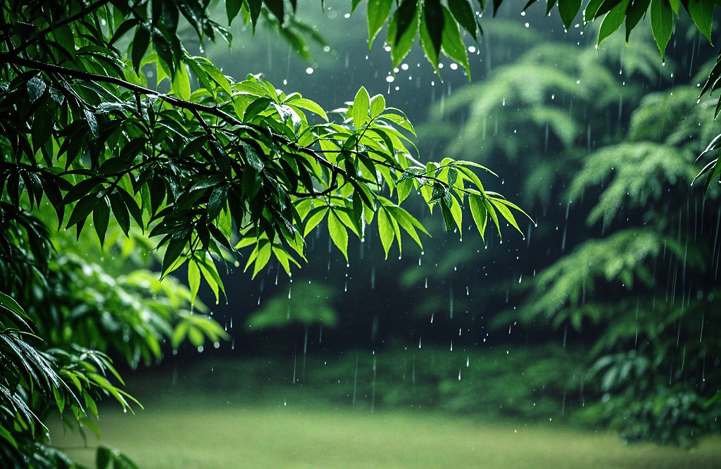 雨中树枝绿叶与细密雨滴的清新画面AI