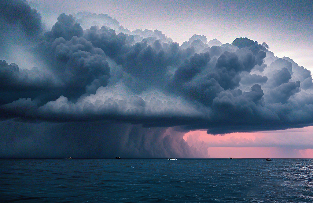 海上乌云密布伴有降雨的震撼天气画面AI