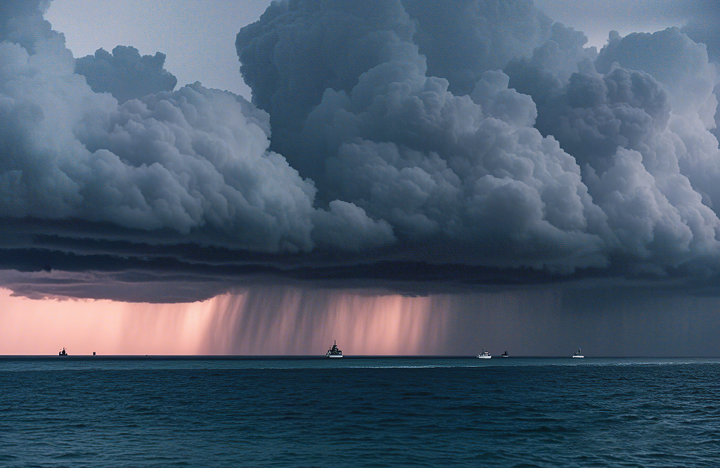 海面上乌云降雨与船只的阴沉天气场景AI