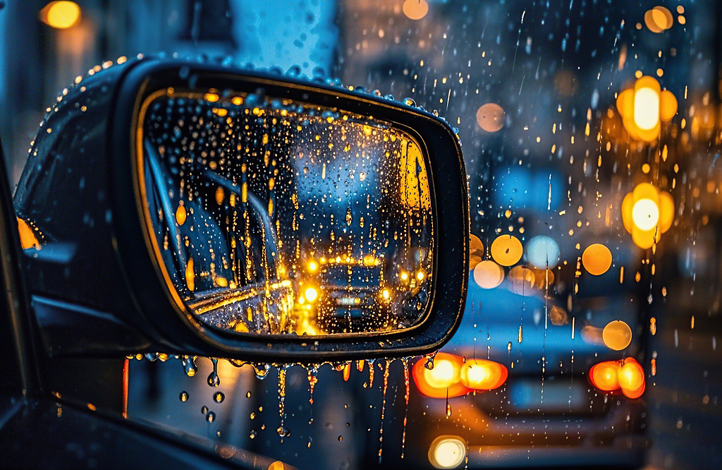车内视角雨夜后视镜中灯光与雨滴景象AI