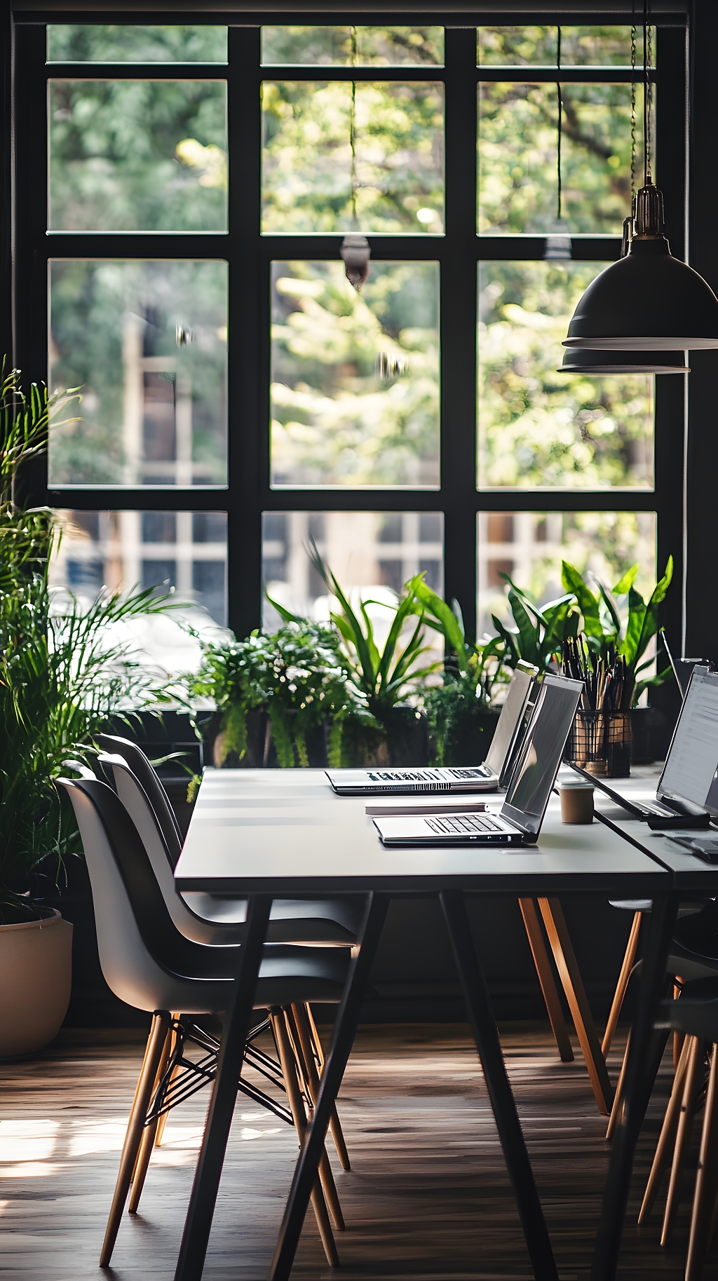 现代绿植窗边办公桌团队办公环境图AI