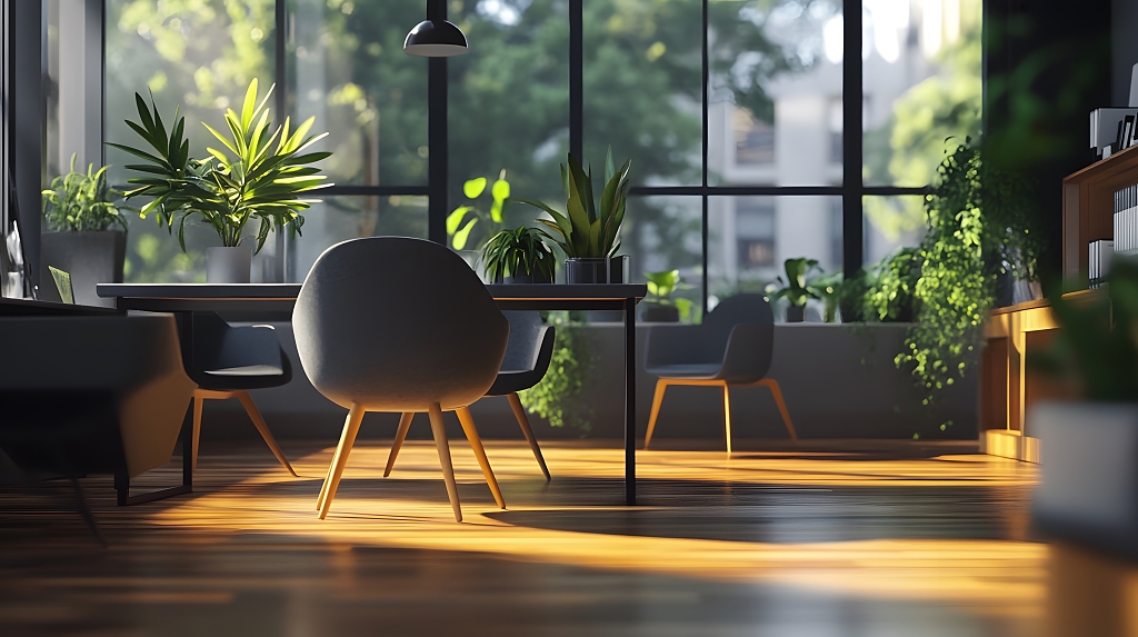 阳光洒落绿植环绕的开放式办公空间自然简约办公环境设计图AI