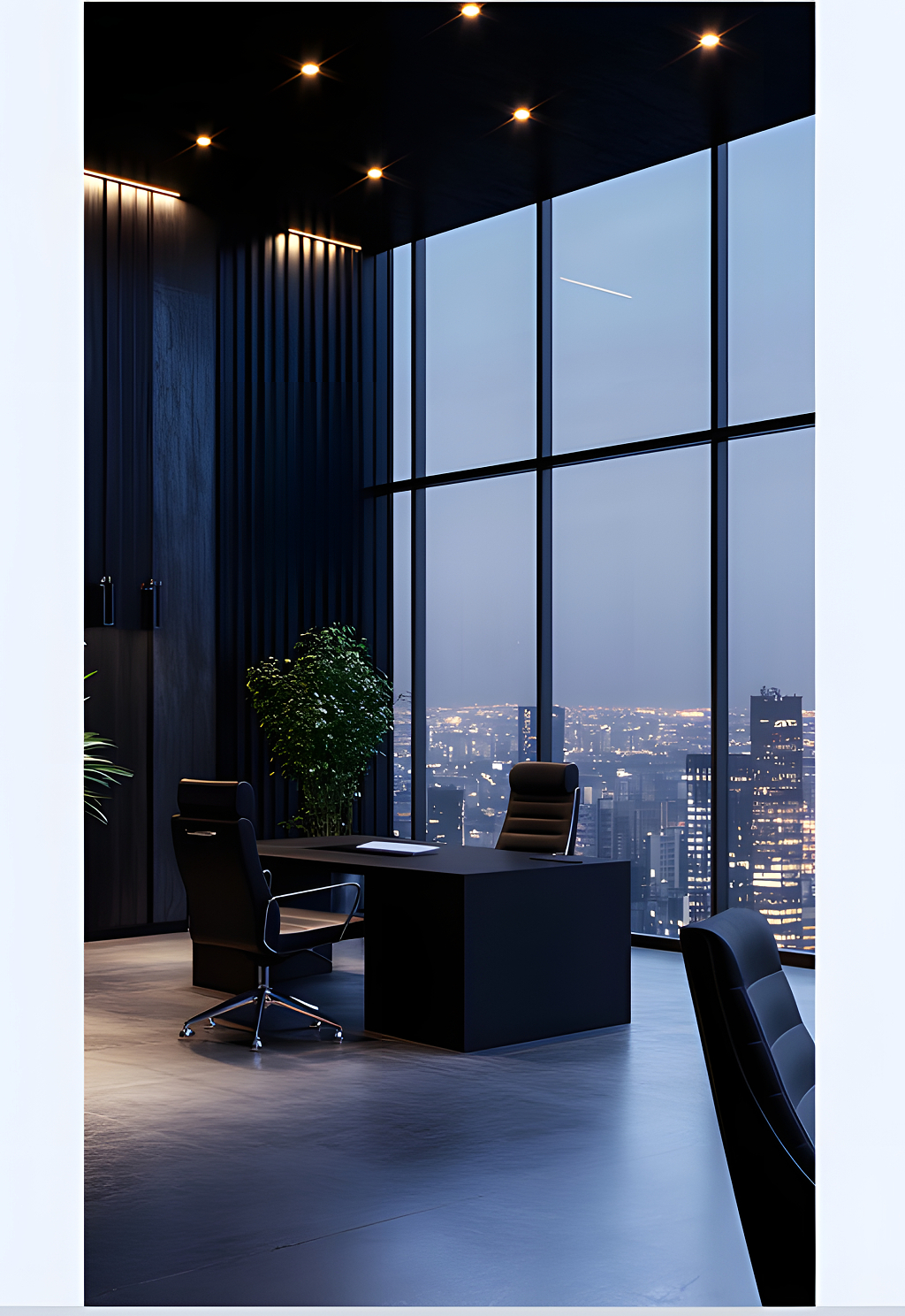 高层城市夜景现代办公室黑色极简风高端办公空间室内设计图AI