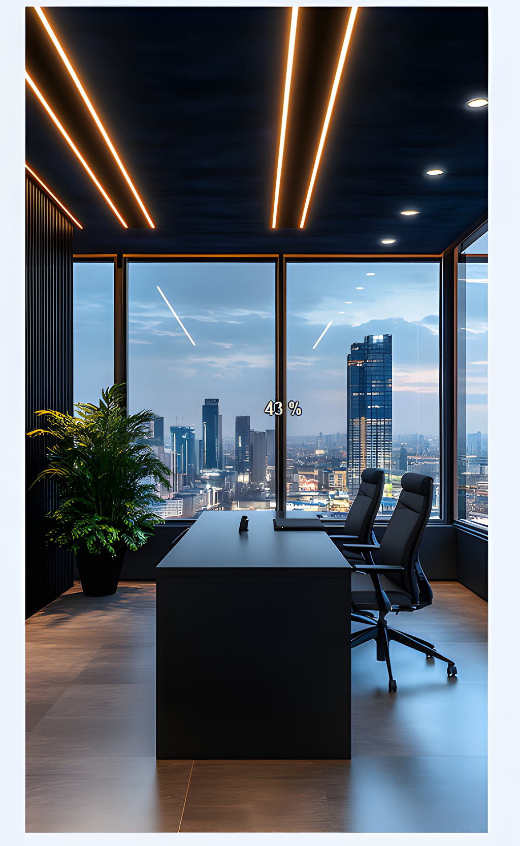 城市夜景高层办公室办公桌椅摆设整齐的现代办公空间AI