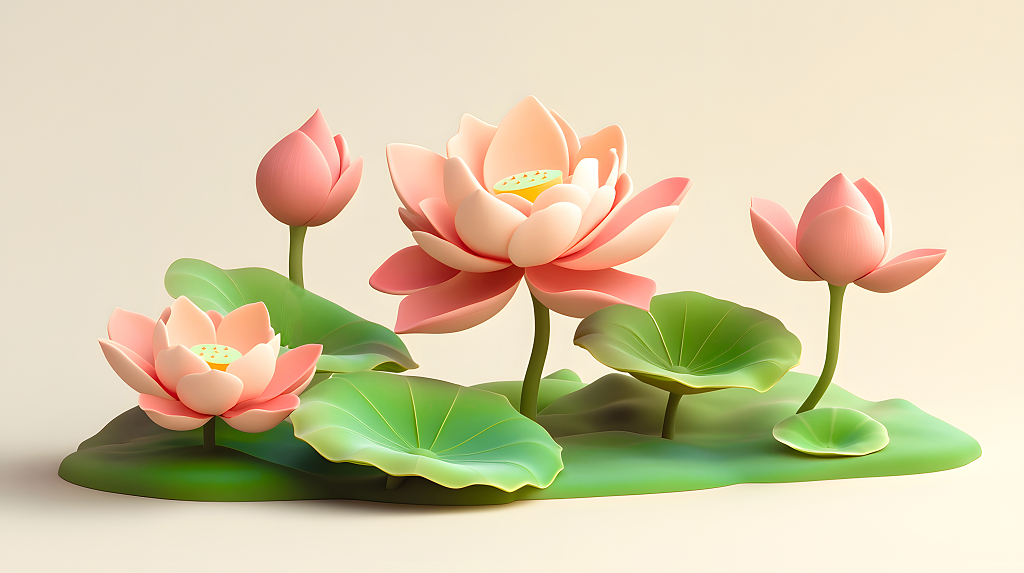 荷花荷叶夏荷立体粉色荷花雕塑装饰设计图AI