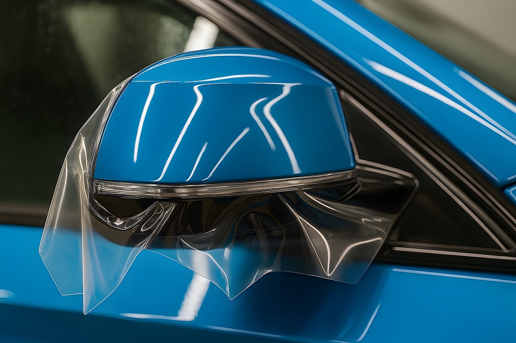 蓝色汽车后视镜贴膜细节展示图AI