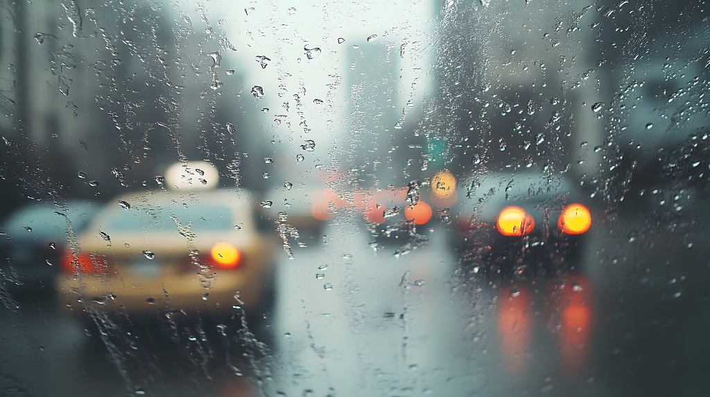 雨天城市街道车流车窗模糊摄影图AI