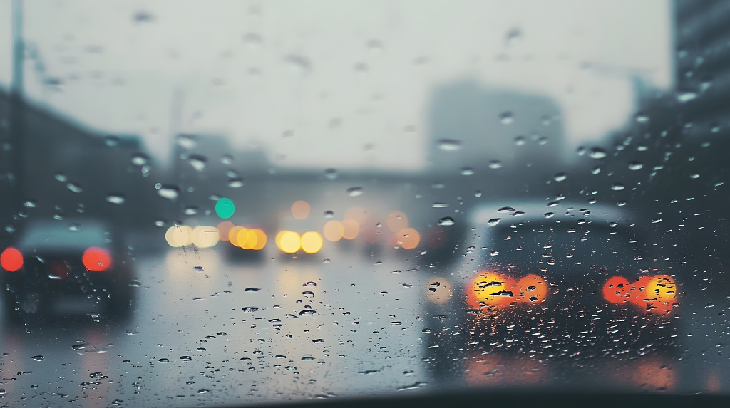 雨天城市车流车窗视角模糊摄影图AI