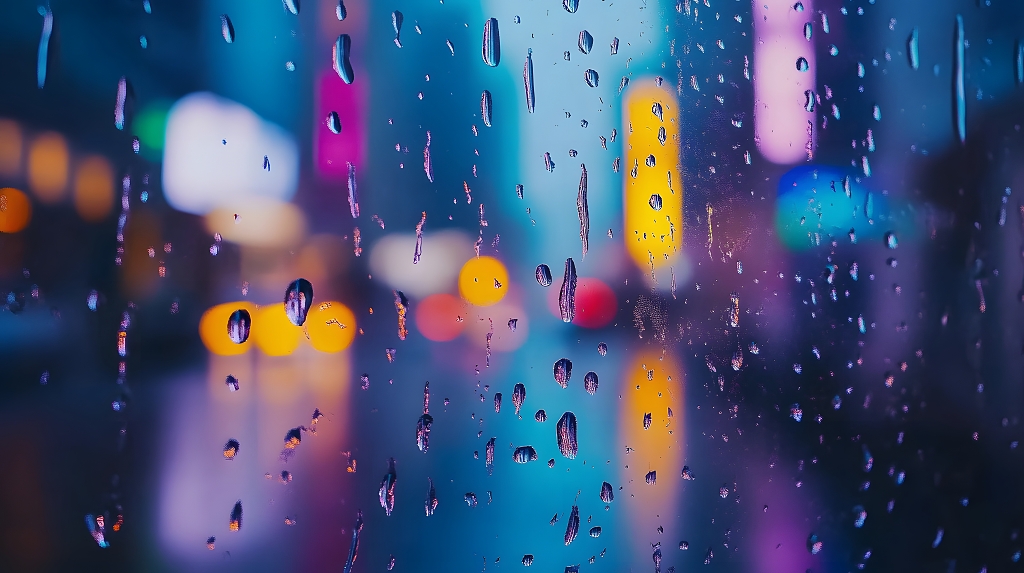 雨夜城市街景霓虹灯模糊玻璃雨滴摄影图AI