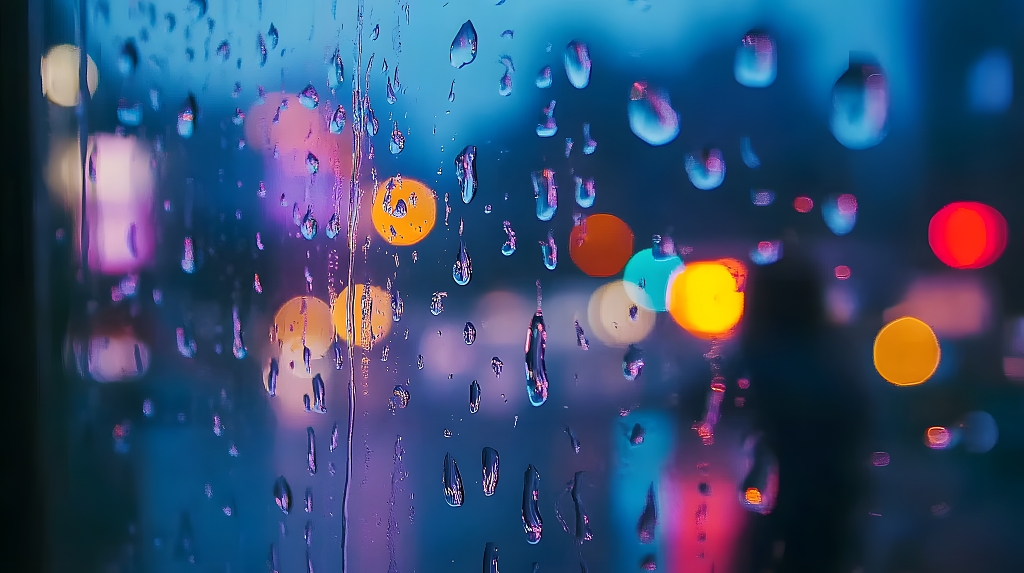雨夜城市灯光模糊玻璃雨滴艺术摄影图AI