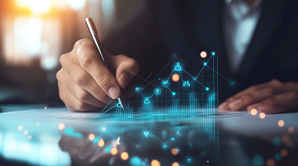 企业商务人士用线条勾勒人际数据网络手部特写AI
