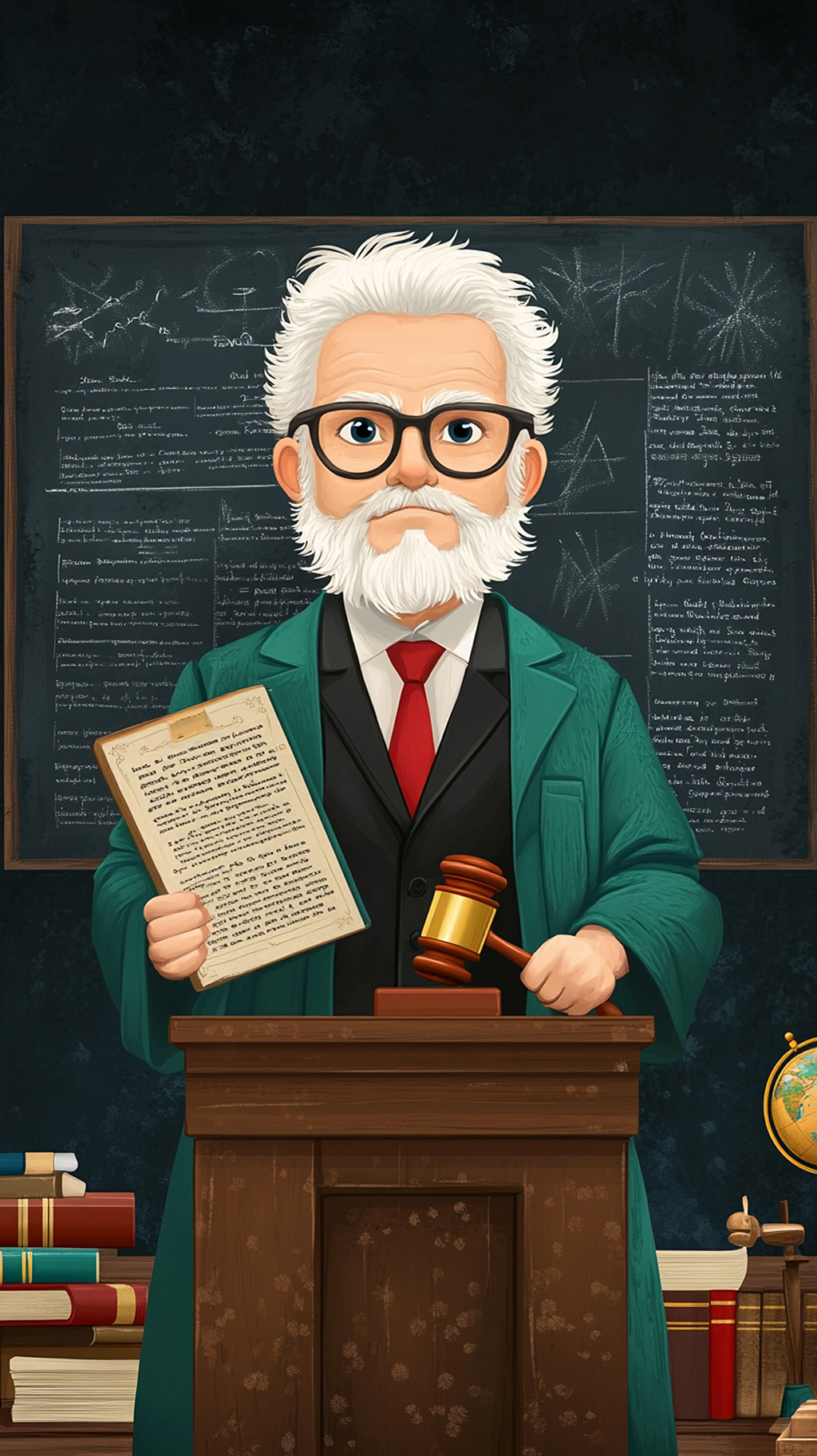 法律法制戴眼镜持木槌和文书的法官在黑板前场景图AI