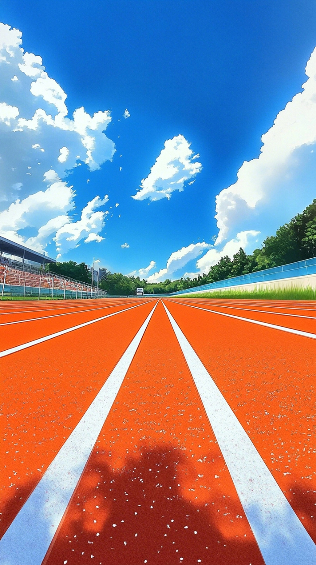 蓝天白云下的橙红色校园塑胶跑道场景画面AI