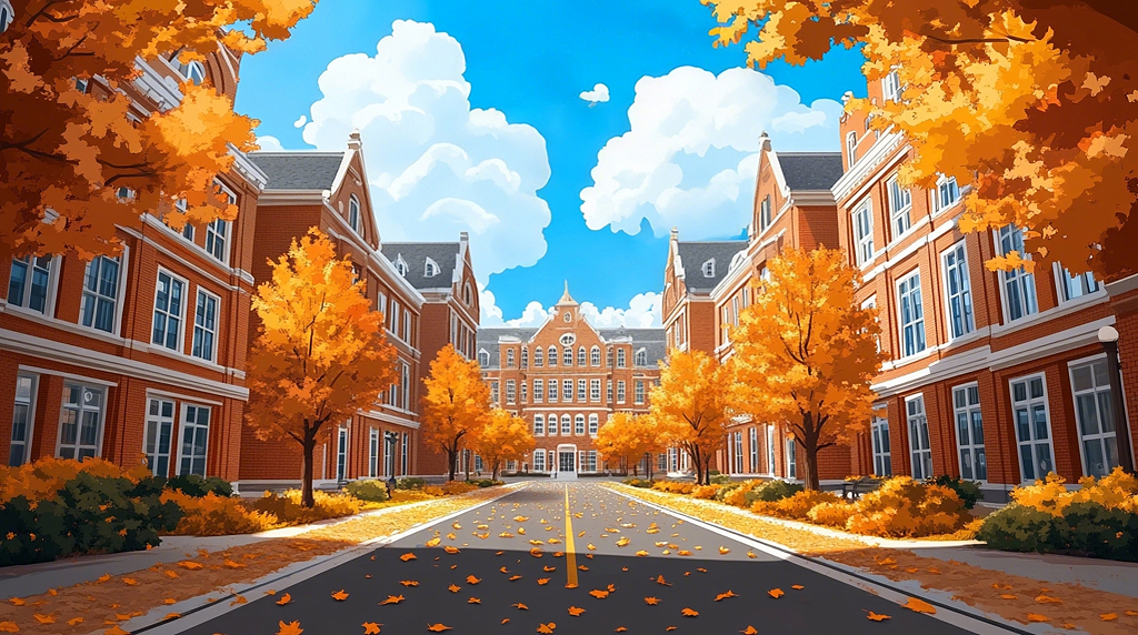 秋日里红墙建筑与金黄树木装点的校园大道AI