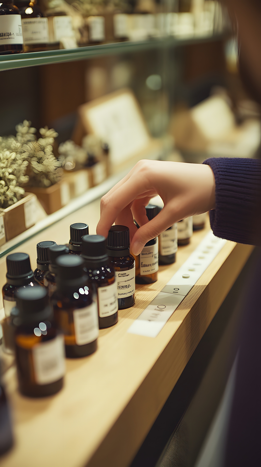 美容精油展示架上多瓶排列AI