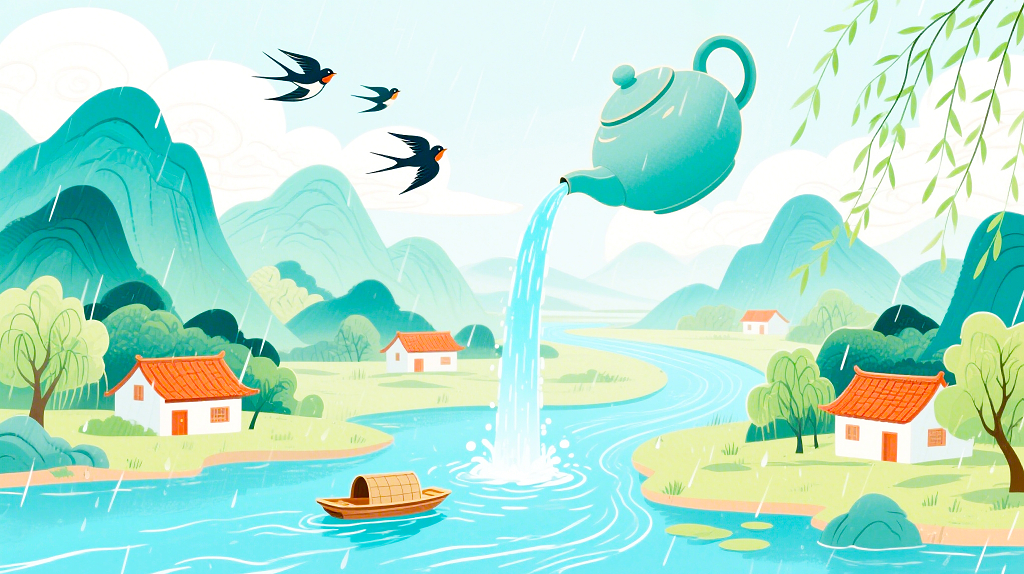 奇幻雨中茶壶倒水乡村山水美景画面AI