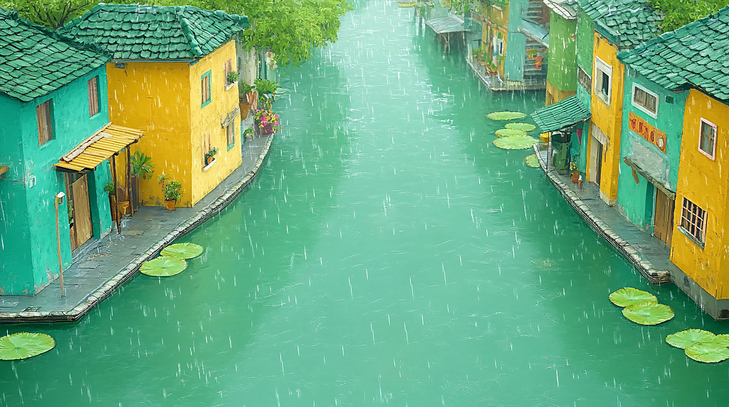 雨中色彩斑斓水乡建筑与河道的诗意景致AI