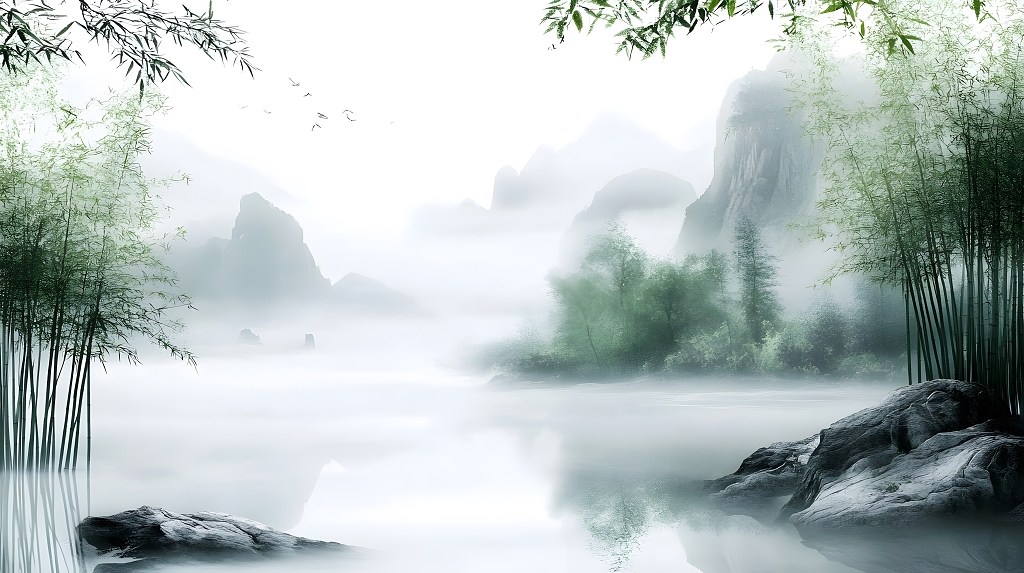 水墨竹林江南烟雨意境山水中国风插画AI