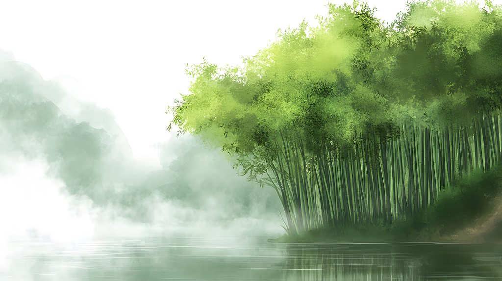 春季河岸竹林写意山水中国风插画AI