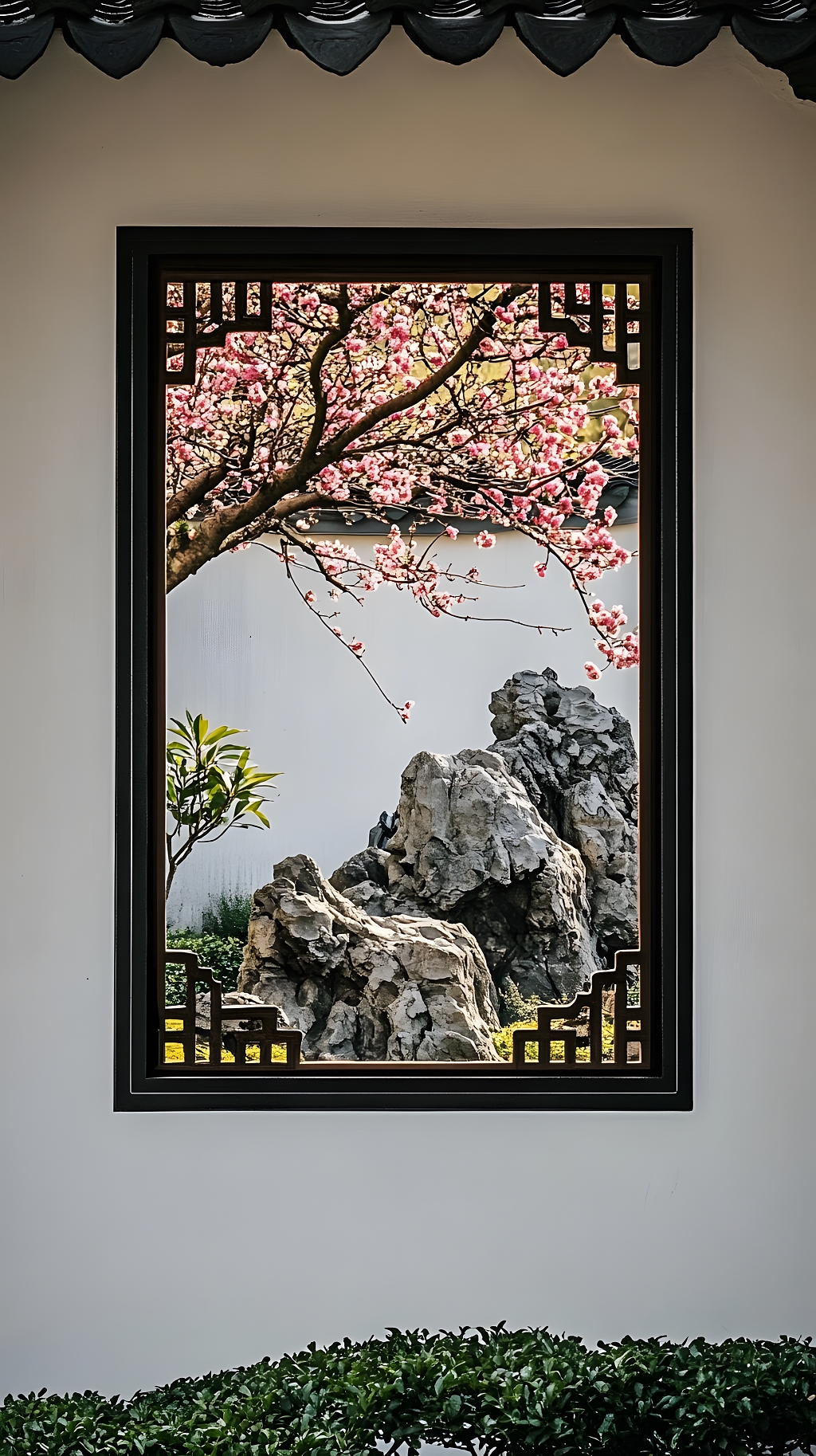 古典窗框内的园林假山与桃花意境图AI