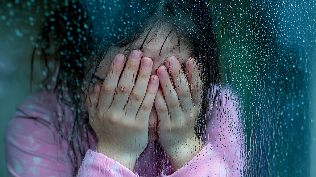 雨天女孩倚窗掩面忧郁情绪儿童肖像图AI