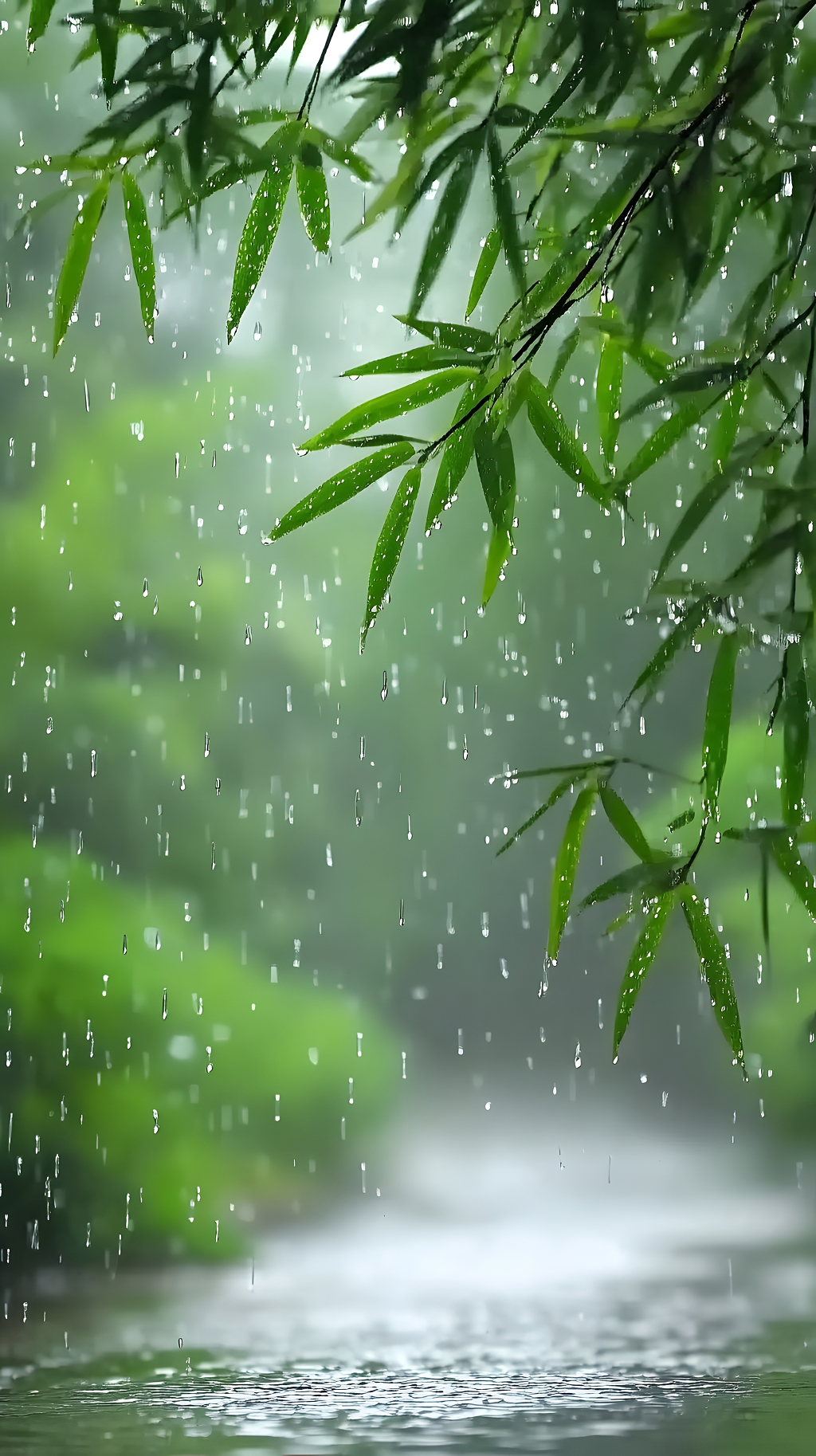 竹林雨中小路清新意境自然风景摄影图AI