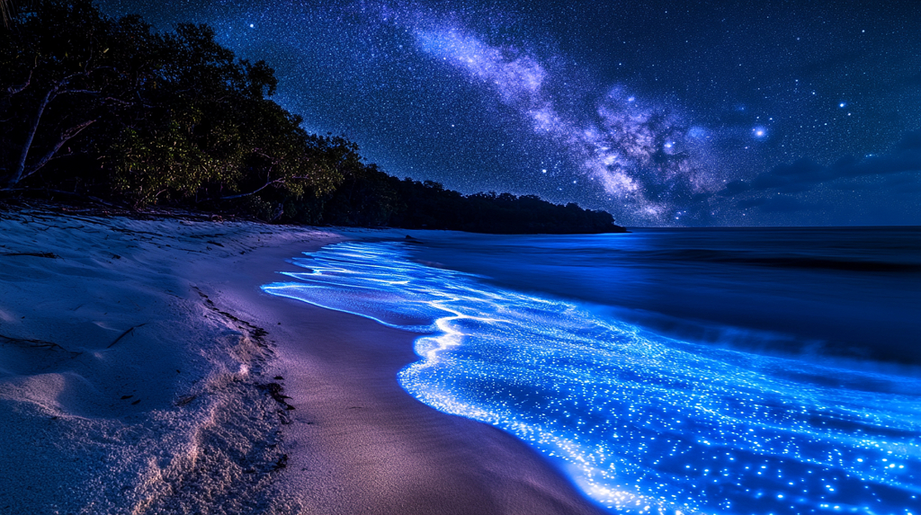 晚上波涛汹涌泛着蓝色荧光浪花广阔无垠的海洋AI