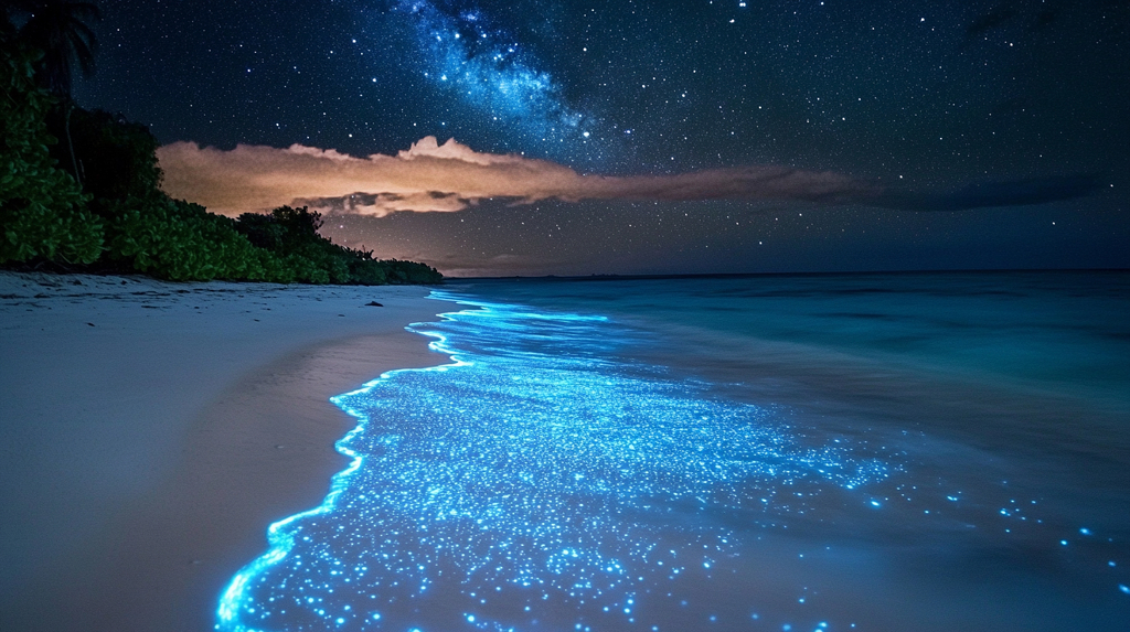 晚上波涛汹涌泛着蓝色荧光浪花广阔无垠的海洋AI