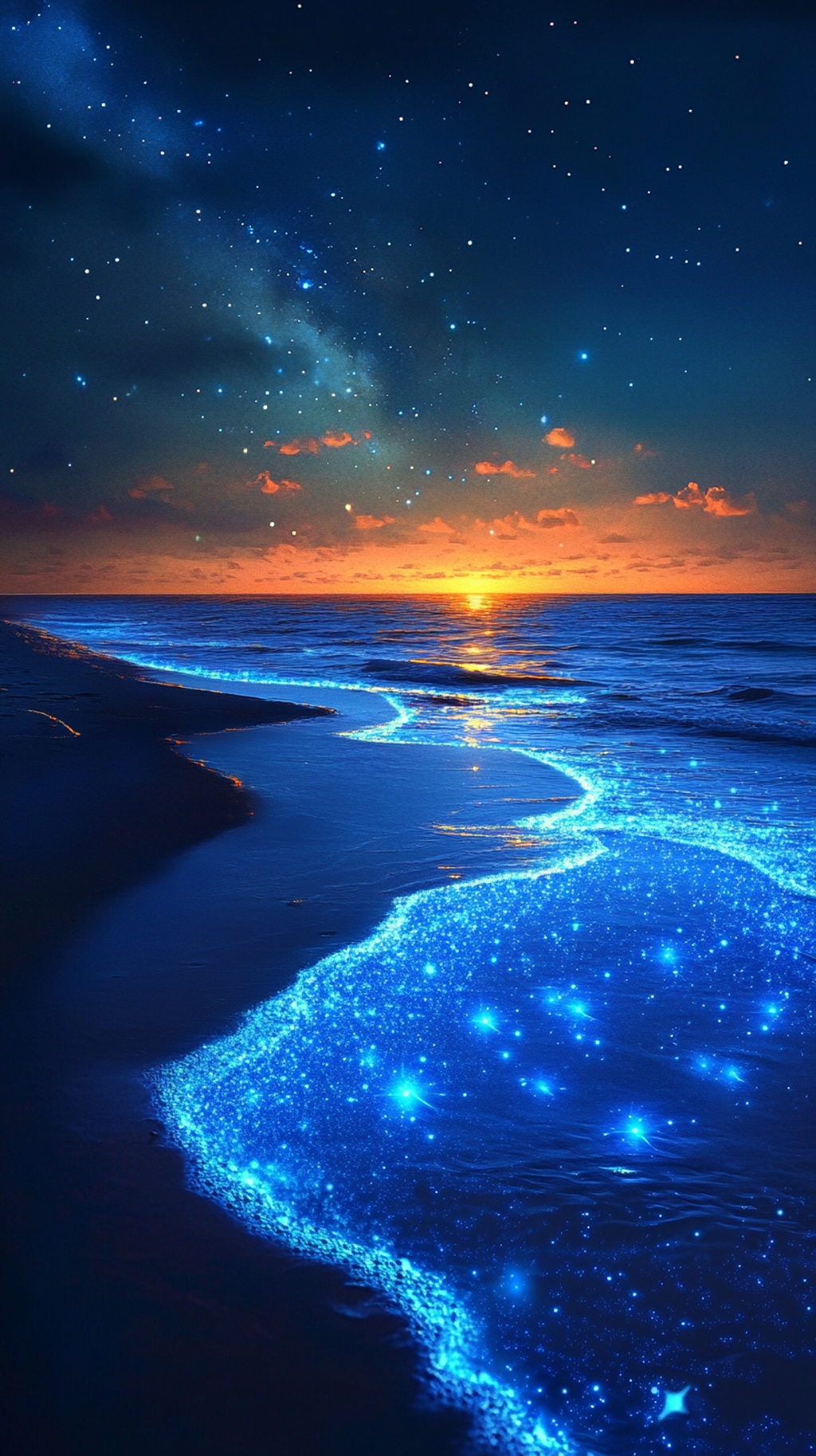 晚上波涛汹涌泛着蓝色荧光浪花广阔无垠的海洋AI