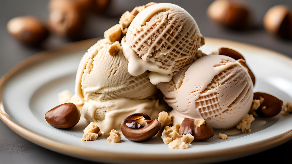 美食摄影特写盘中新鲜的榛子味冰淇淋