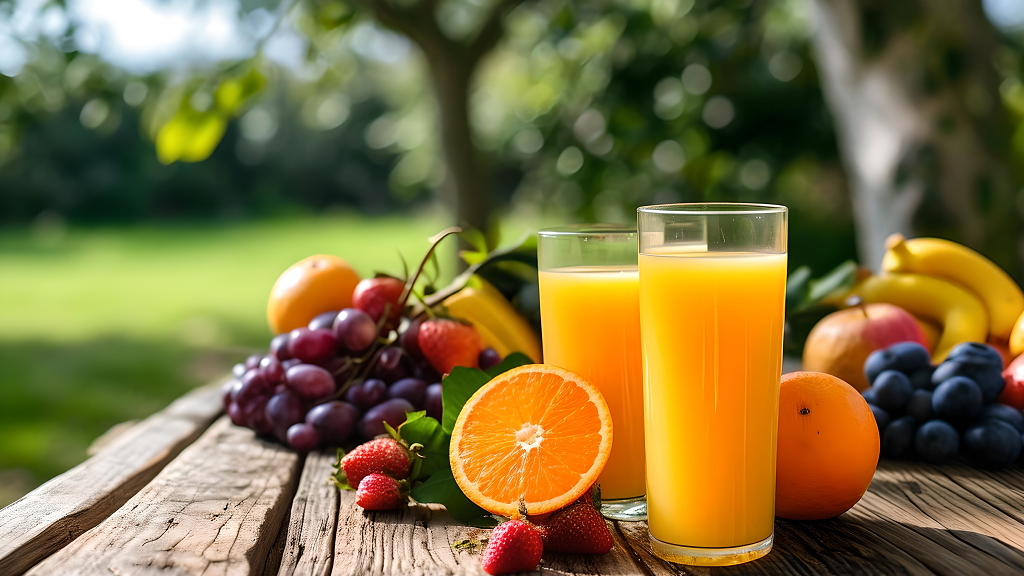 食品饮品高清俯拍鲜榨果汁与水果静物自然清新风