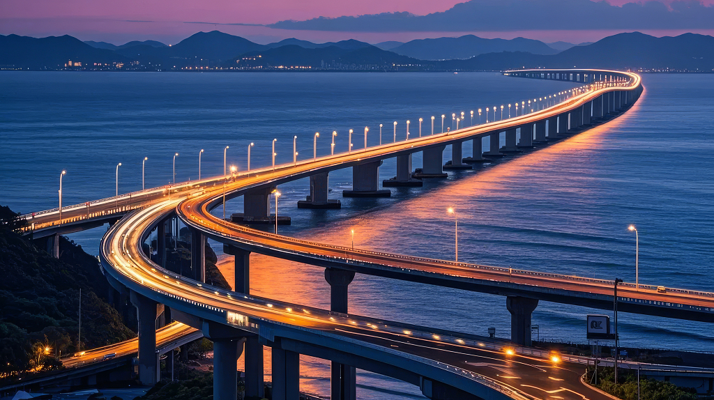 跨海大桥夜景灯光城市交通经济发展背景