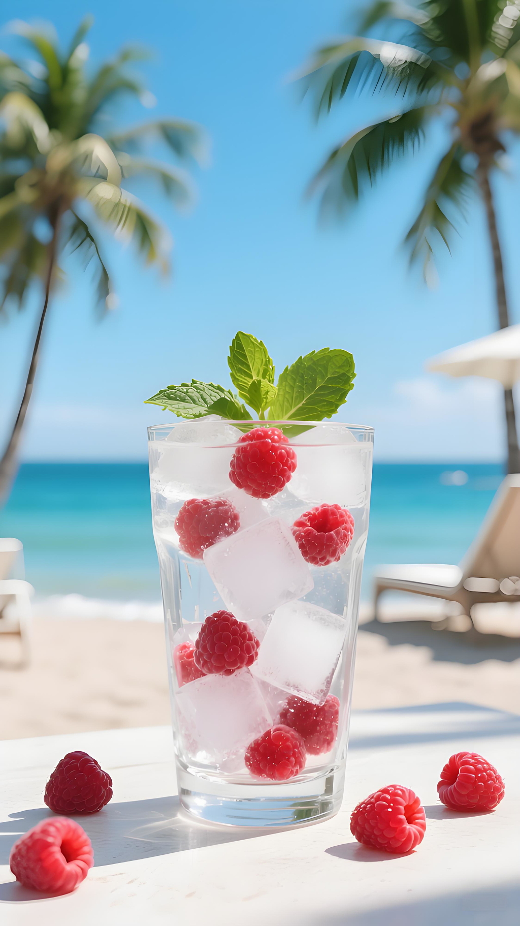 夏日清爽氛围饮料饮品拍摄透明玻璃杯中装满冰块和新鲜覆盆子